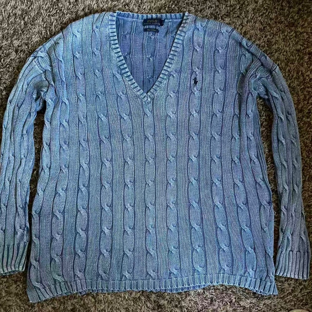 Polo Ralph Lauren Oversized Blue Cable Knit V-Neck Sweater